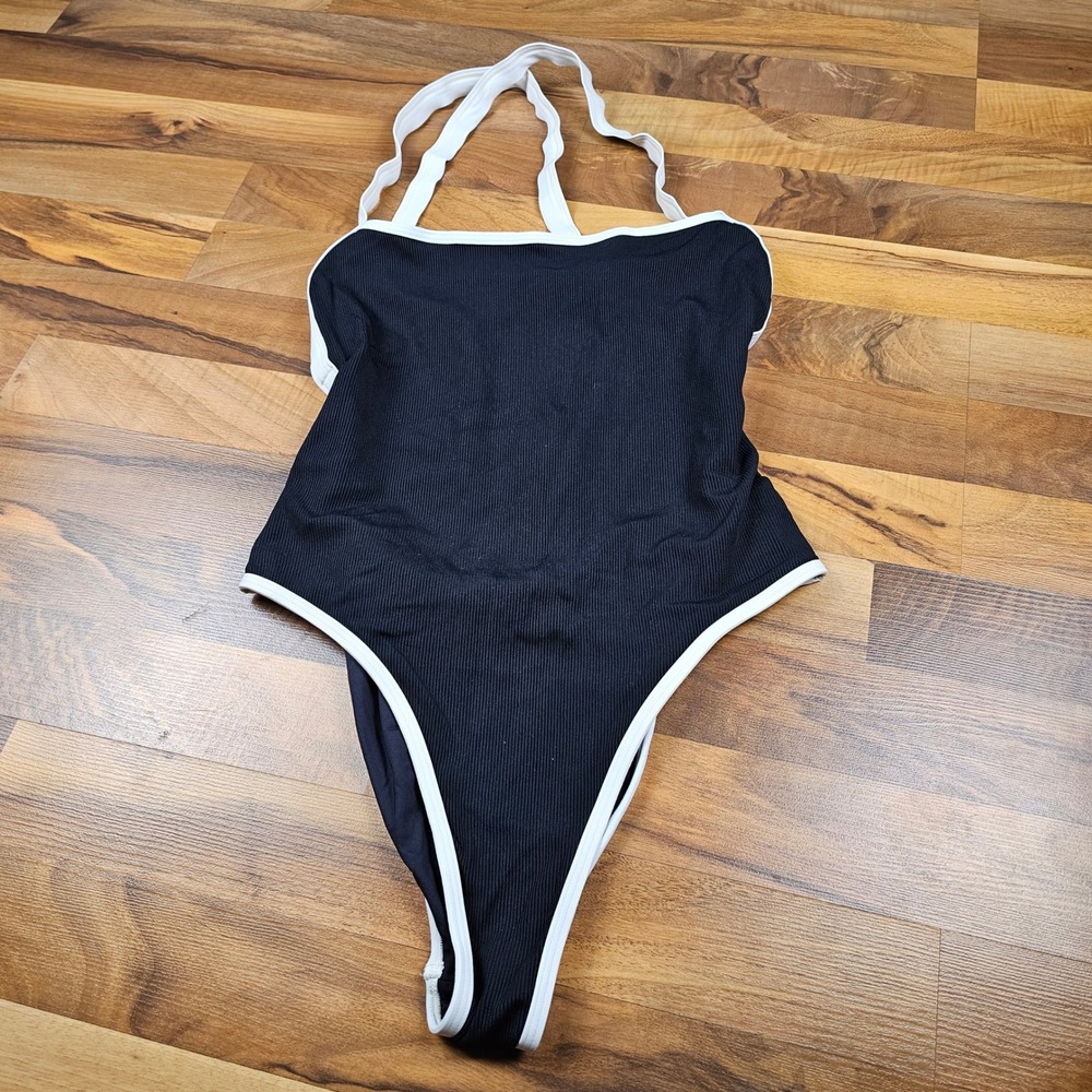 Women’s Black One-Piece Swimsuit with White Trim